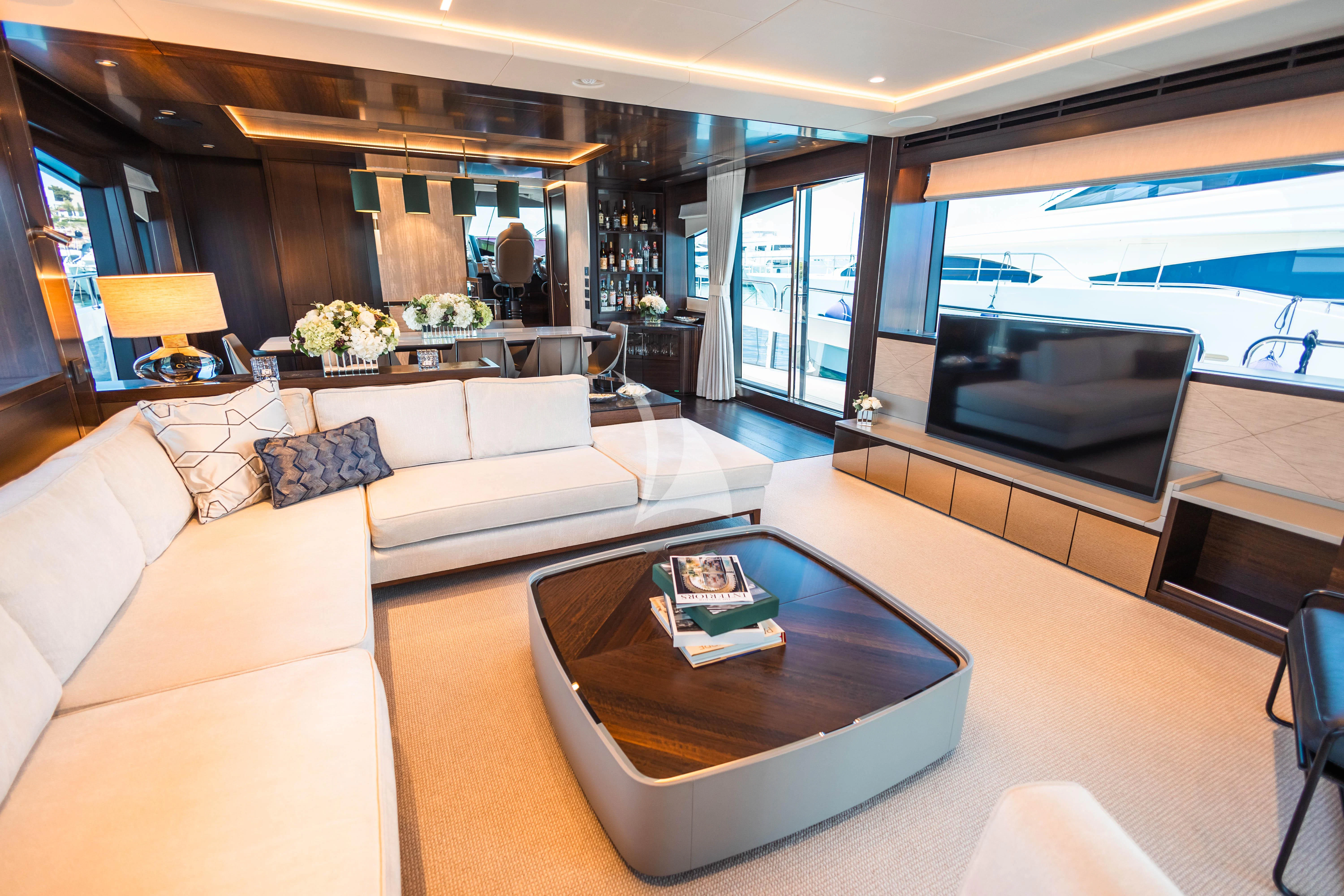 a living room with a large screen aboard MOONLIGHT Yacht for Sale