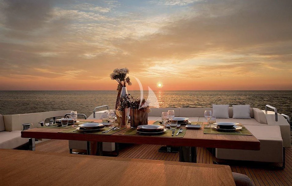 a table with a plant on it aboard DUKE Yacht for Sale