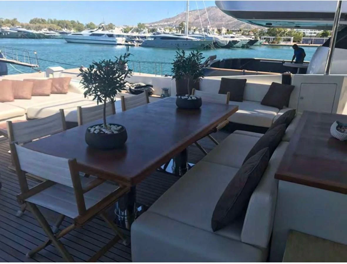 a table and chairs on a patio aboard DUKE Yacht for Sale