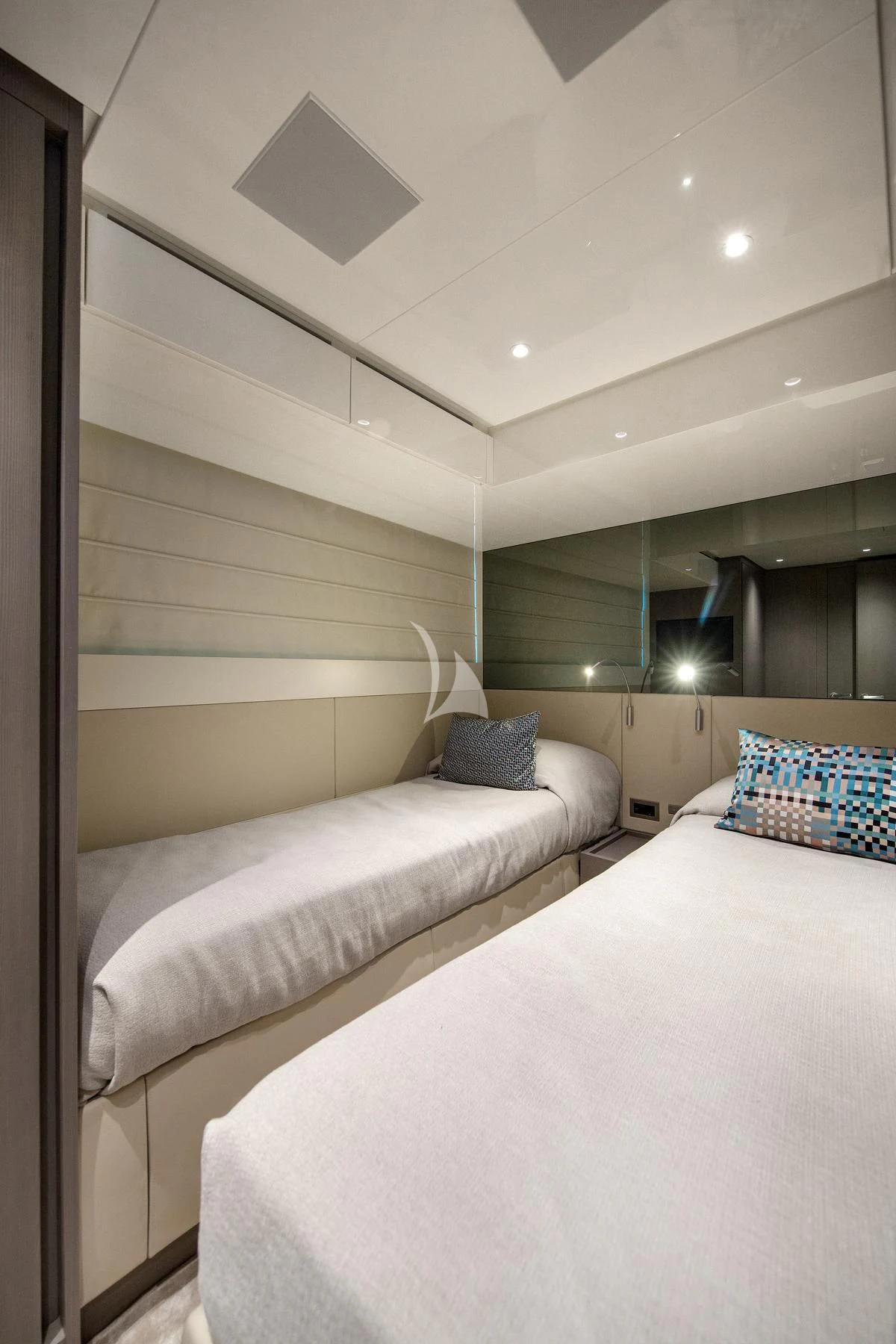 a room with two beds aboard VINCI II Yacht for Sale