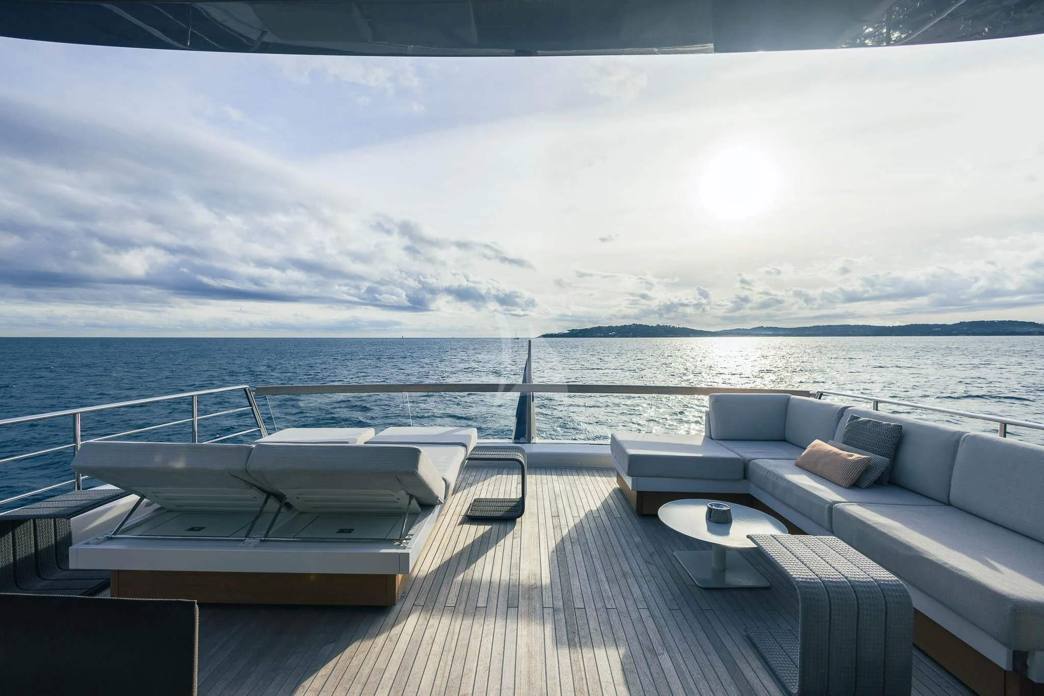 a lounge area on a boat aboard VINCI II Yacht for Sale