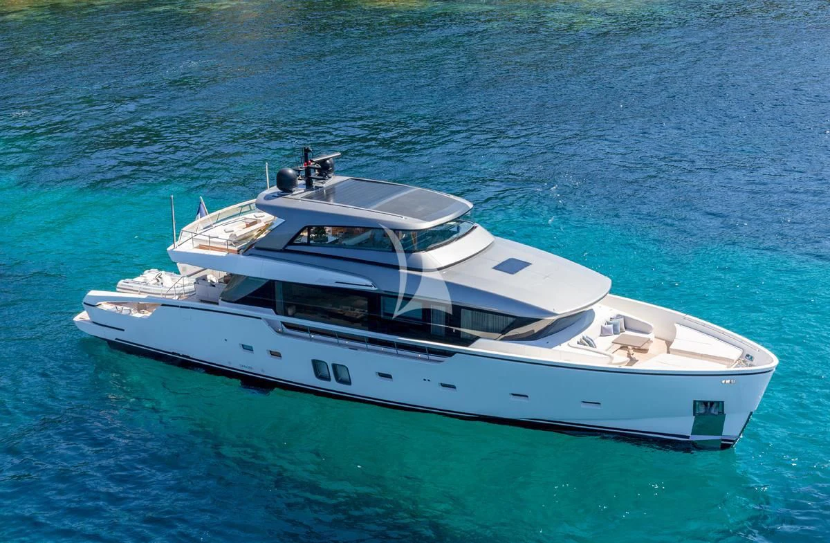 a white boat in the water aboard VINCI II Yacht for Sale