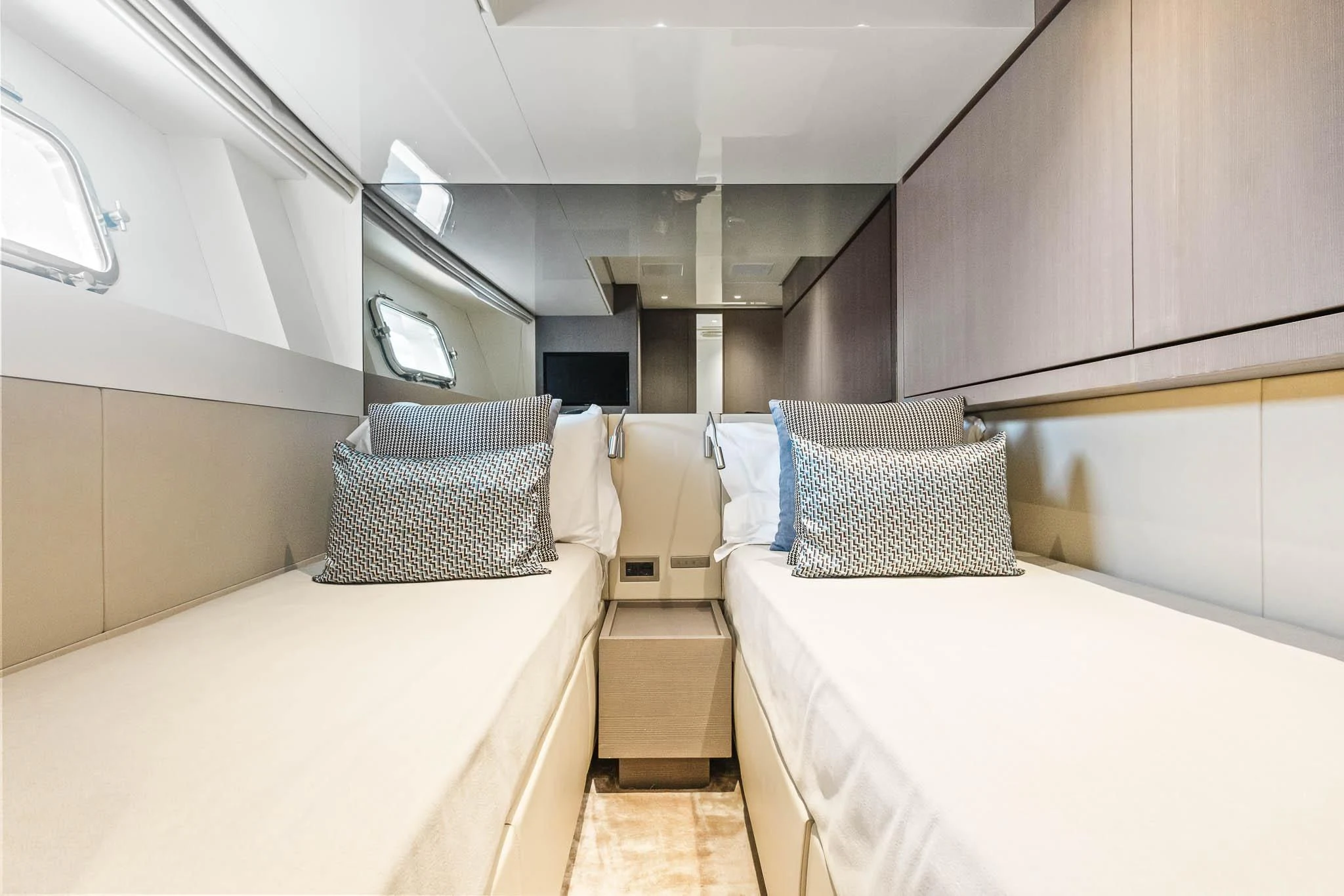 a room with two beds aboard VINCI II Yacht for Sale