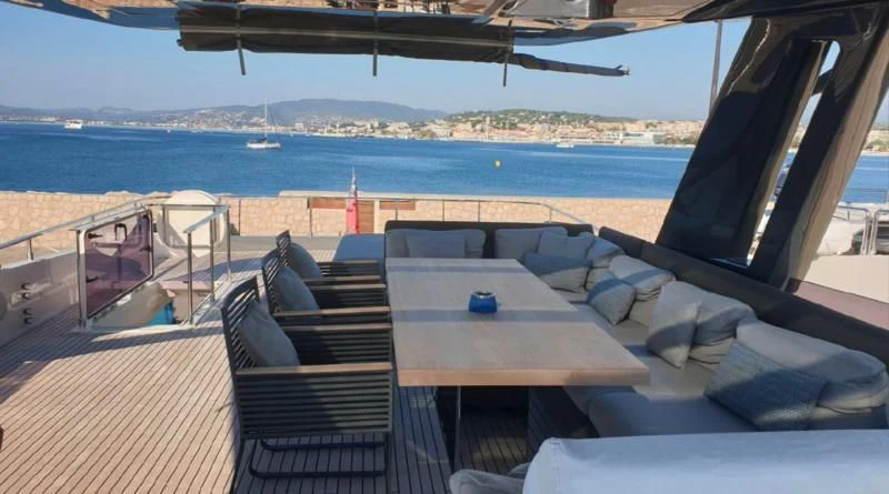 a deck with a view of the ocean and a beach aboard HANAVA Yacht for Sale
