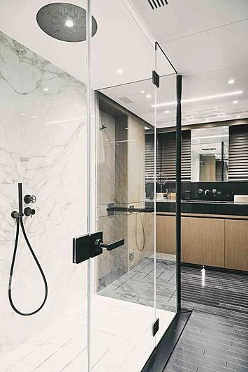 a shower unit in a bathroom aboard BACCHANAL Yacht for Sale
