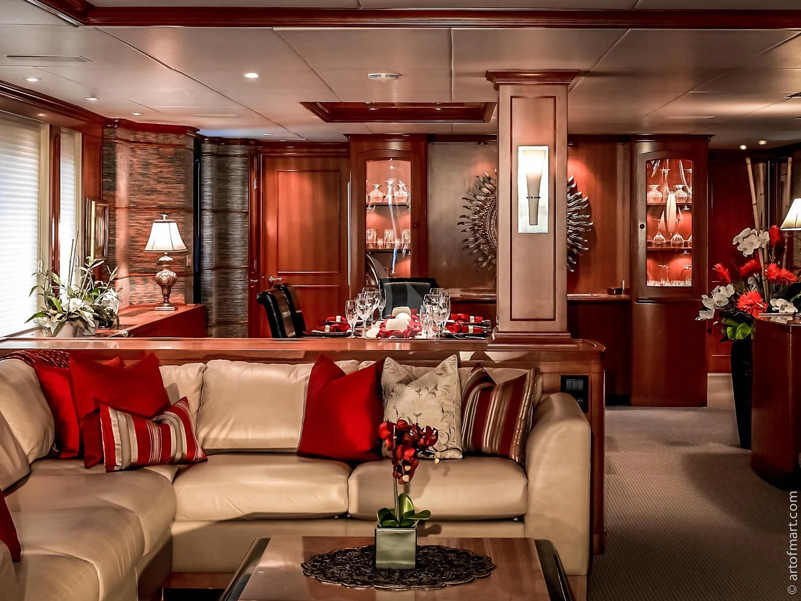 a living room with a couch and a coffee table aboard MURPHY'S LAW Yacht for Charter