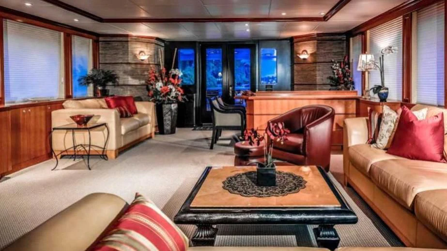 a living room with a large glass door aboard MURPHY'S LAW Yacht for Charter