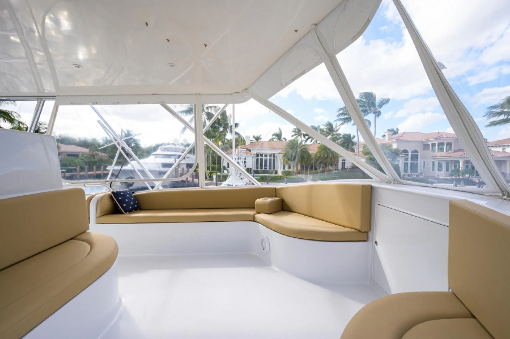 a room with a view of a city and a large window aboard FLYING J Yacht for Sale