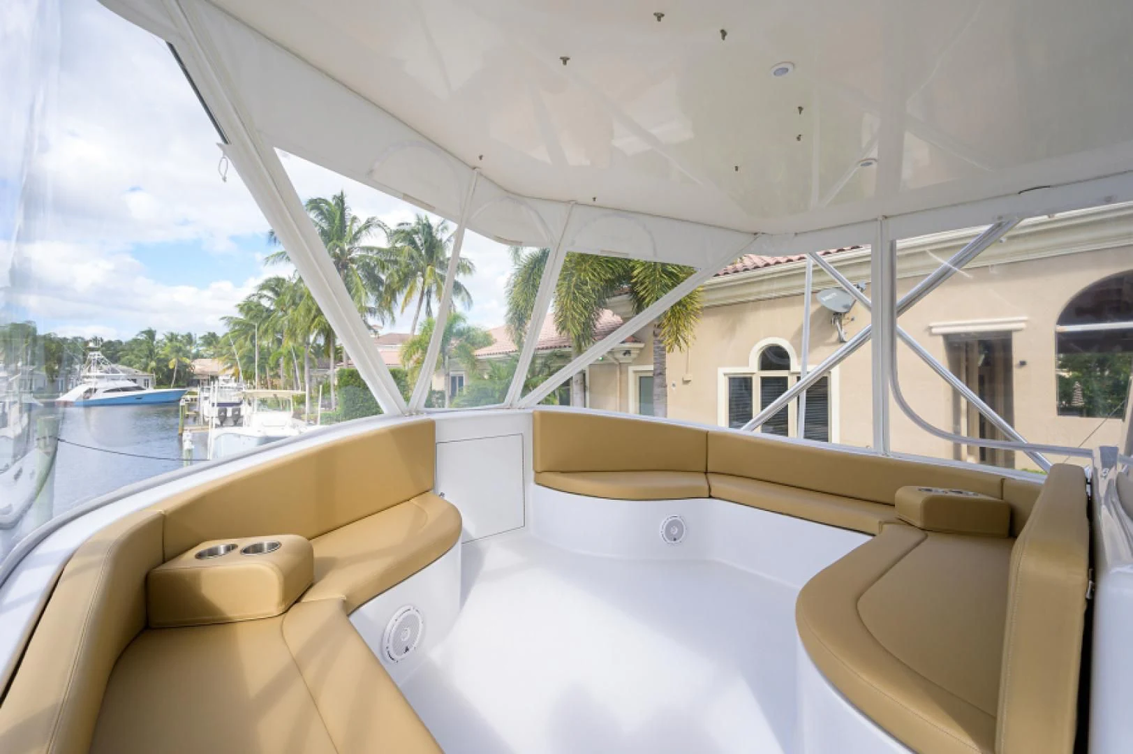 a room with a large window and a view of the water aboard FLYING J Yacht for Sale