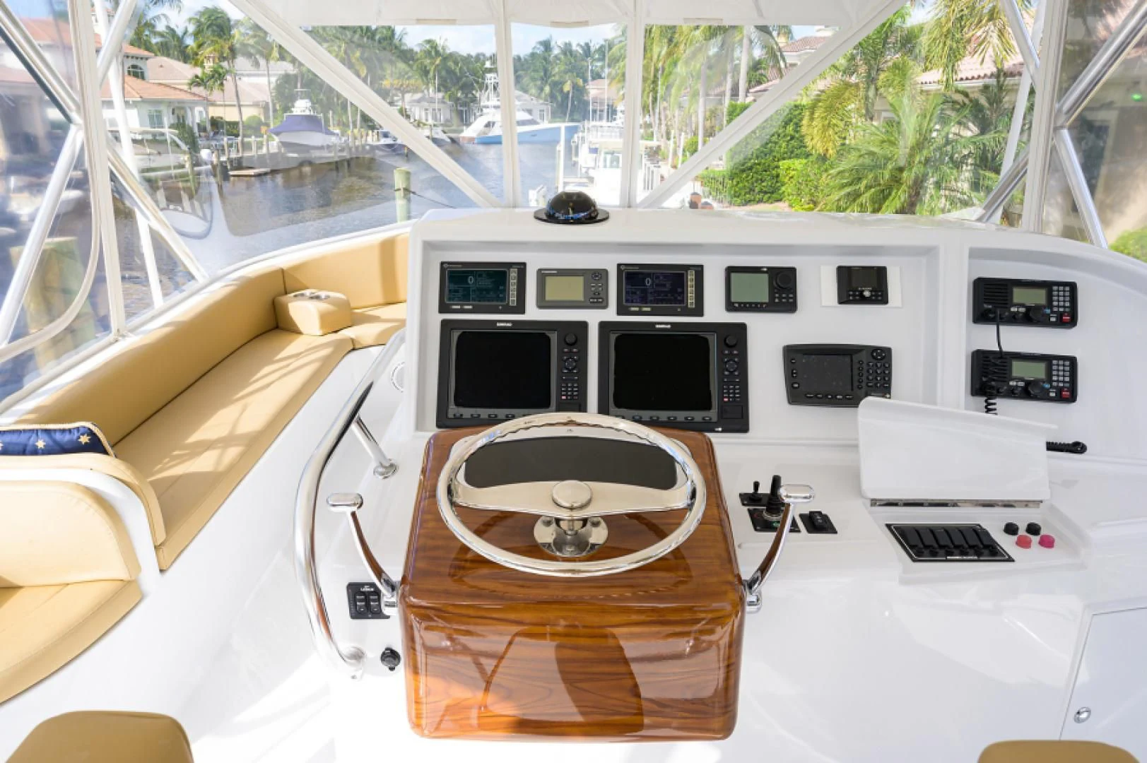 a table with a laptop on it aboard FLYING J Yacht for Sale