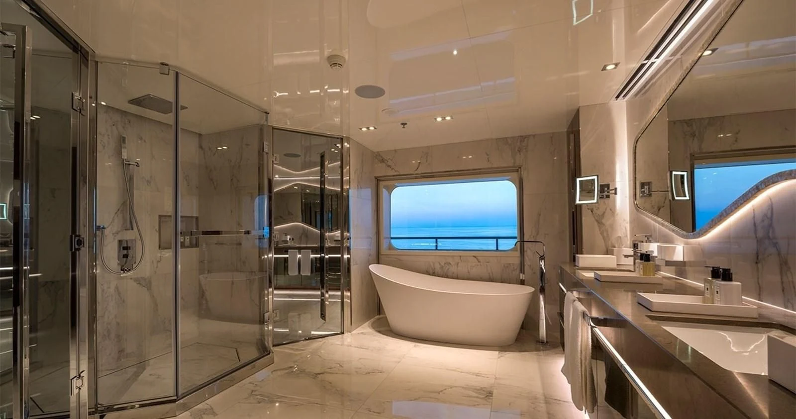 a bathroom with a large glass shower aboard MARQUISE Yacht for Sale