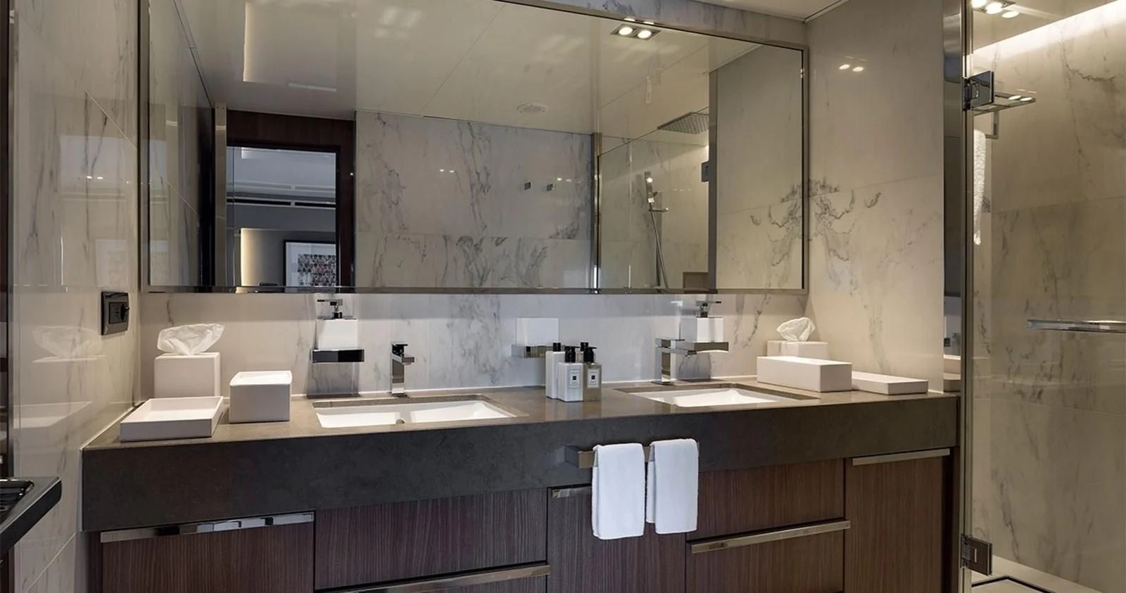 a bathroom with a large mirror aboard MARQUISE Yacht for Sale