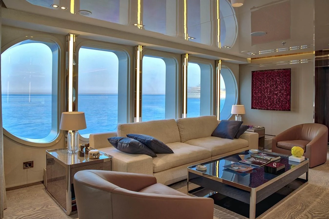 a living room with a large window aboard MARQUISE Yacht for Sale
