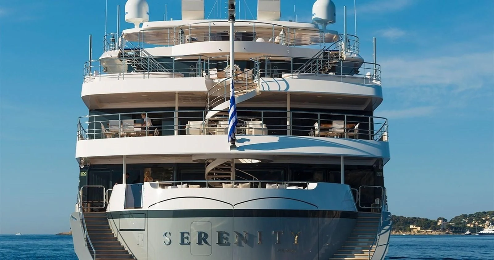 a large white boat with a blue stripe on the front aboard MARQUISE Yacht for Sale