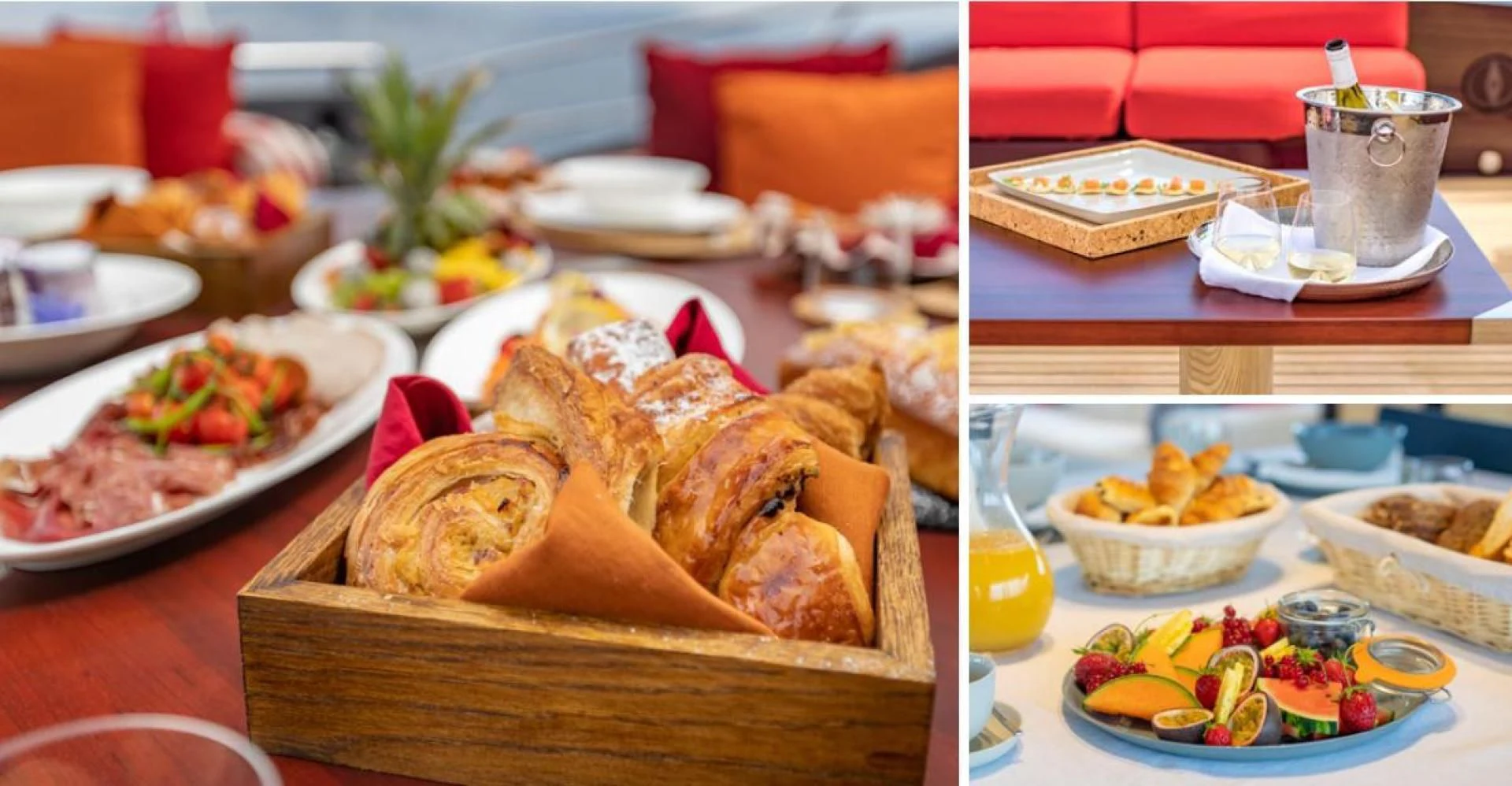 a table full of food aboard KJOS Yacht for Charter