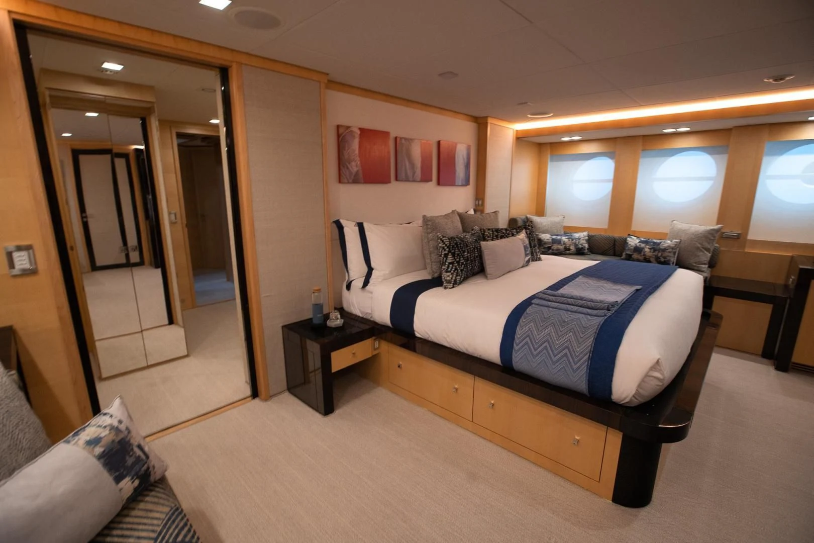 a bed in a room aboard KJOS Yacht for Charter