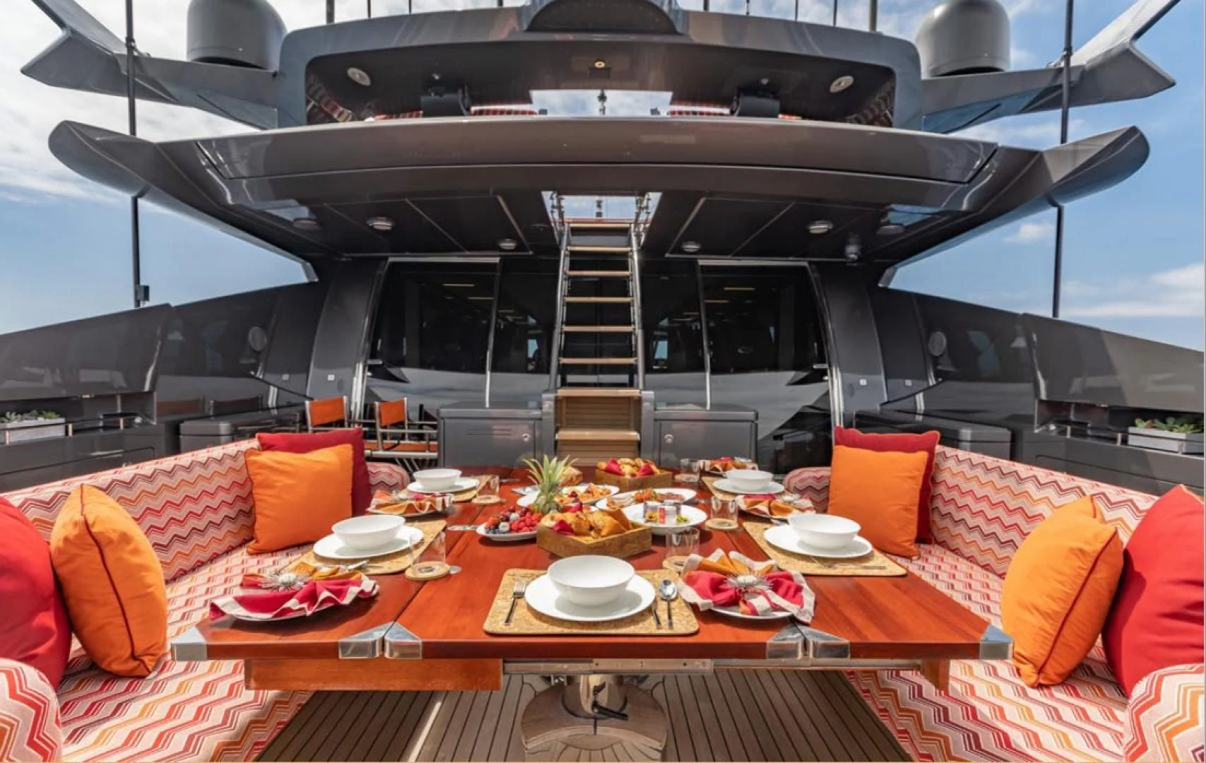 a table with food on it aboard KJOS Yacht for Charter