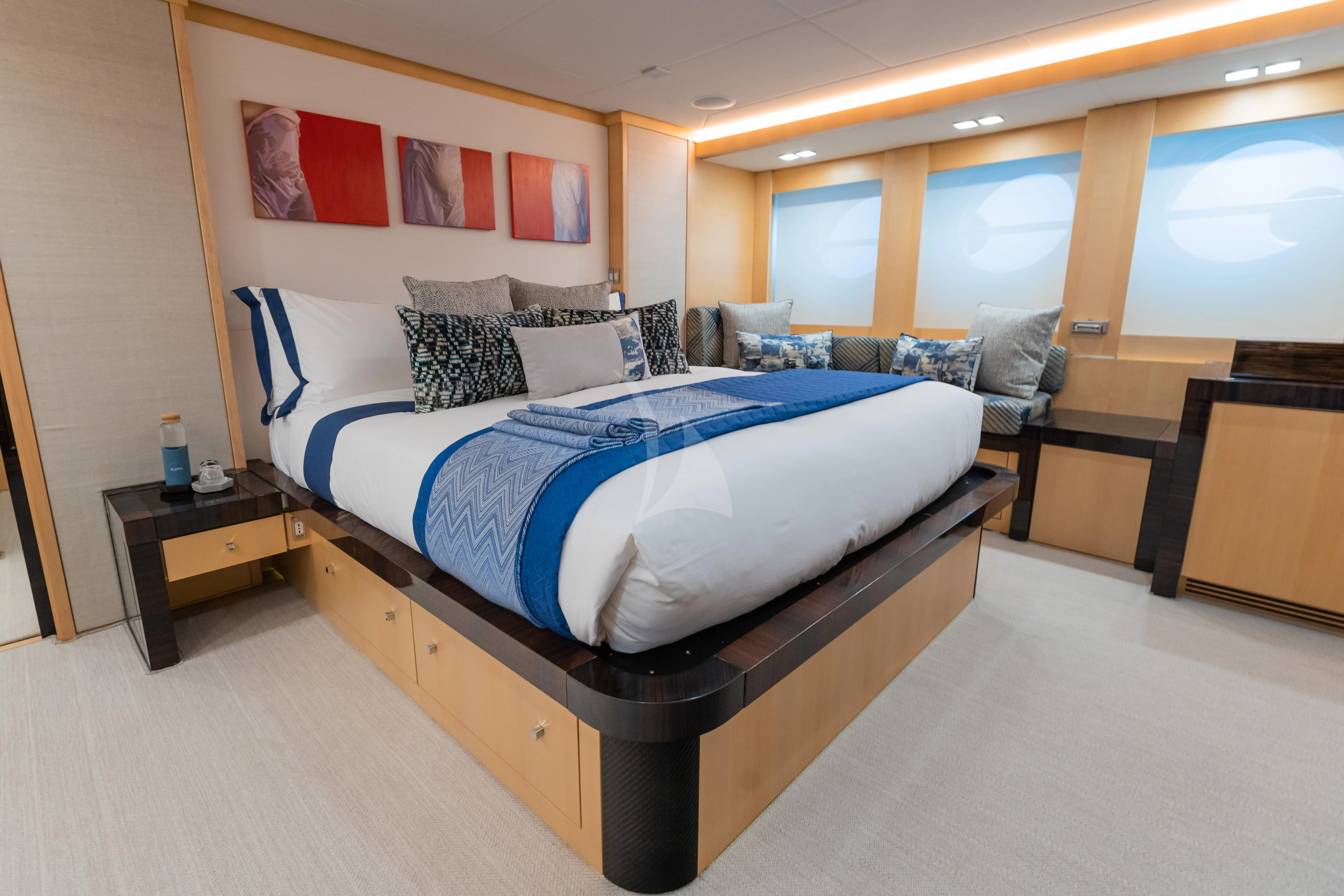 a bed in a room aboard KJOS Yacht for Charter