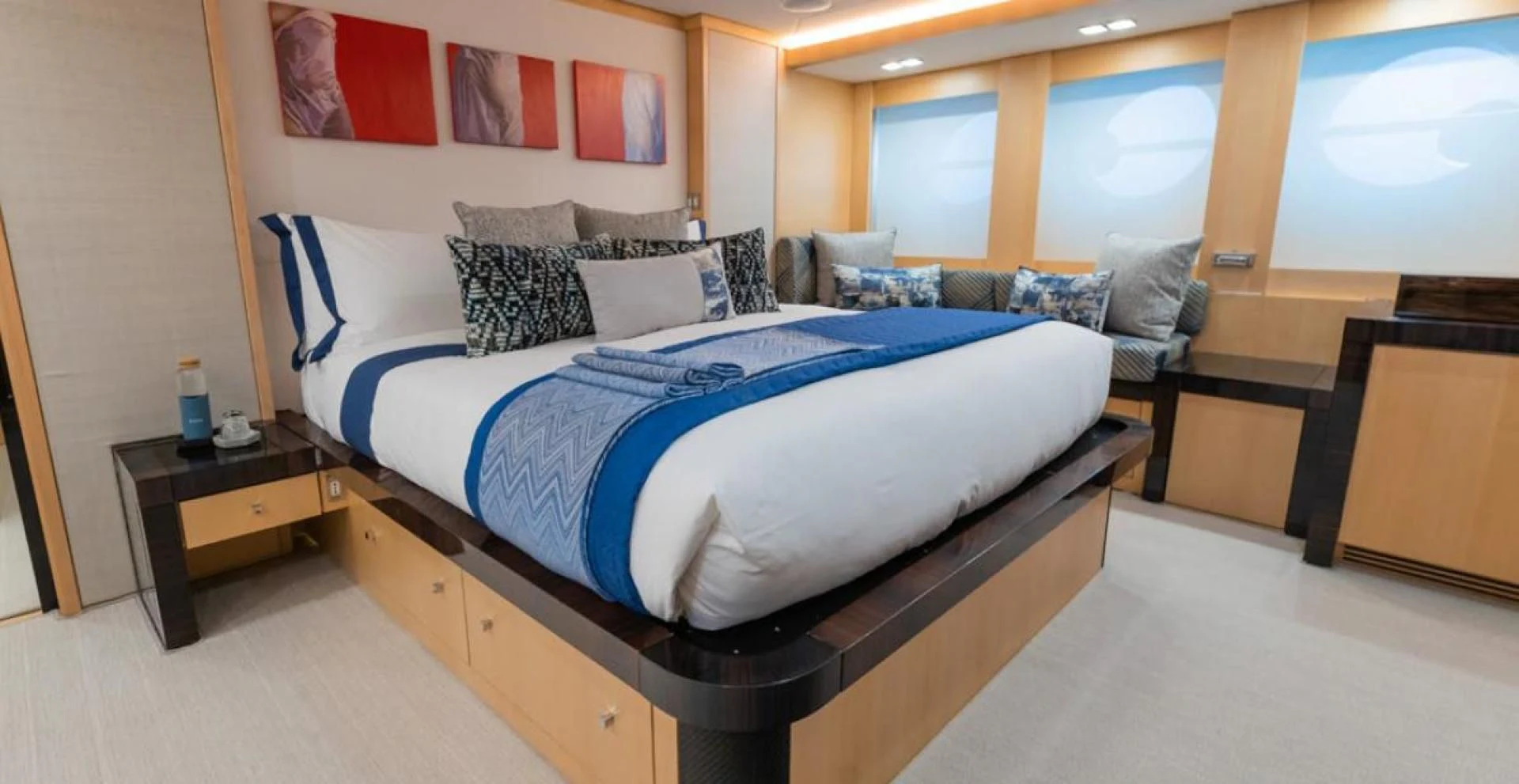 a bed in a room aboard KJOS Yacht for Charter