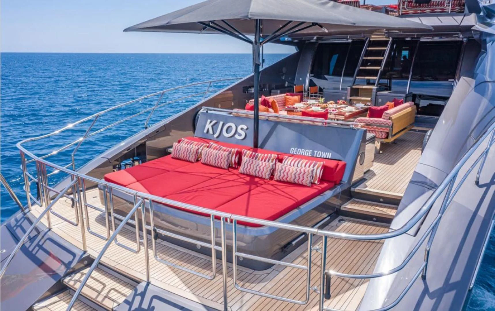a boat with a red stripe aboard KJOS Yacht for Charter