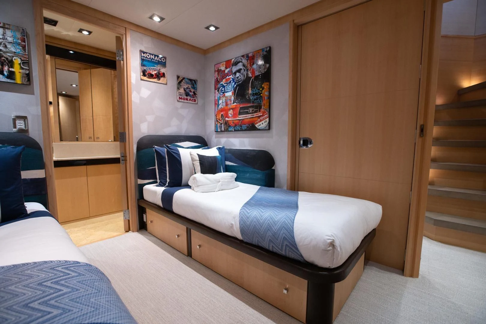 a bed in a room aboard KJOS Yacht for Charter