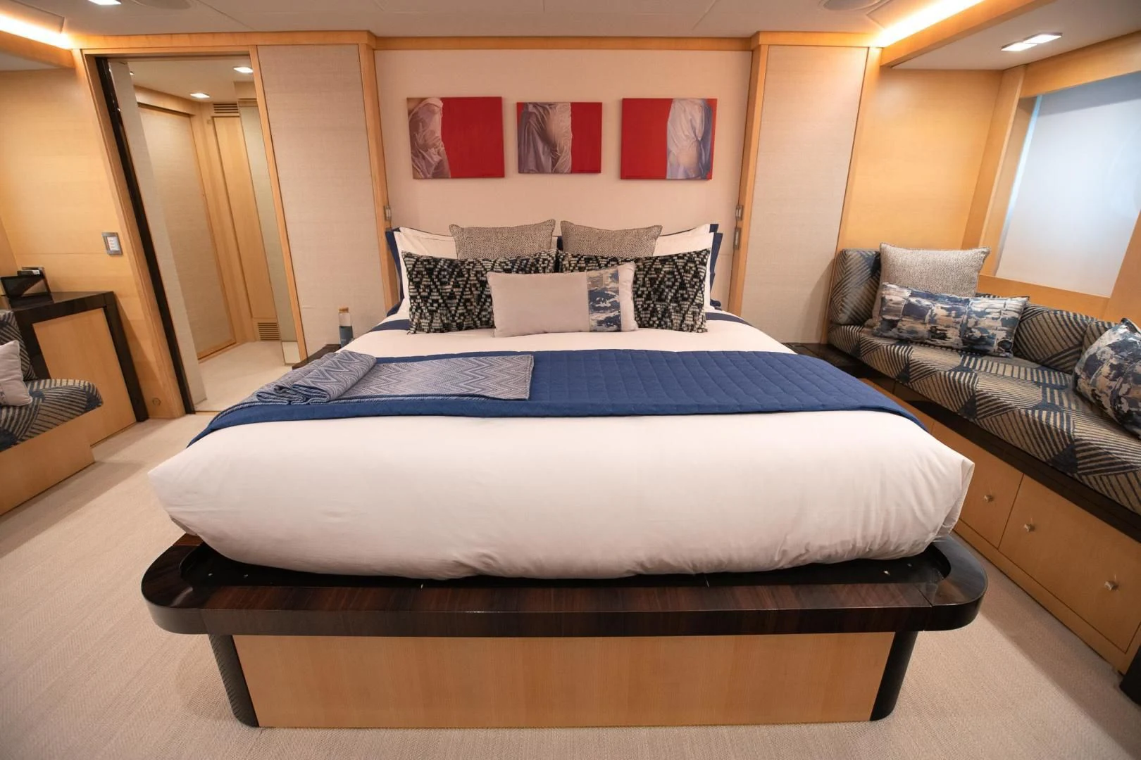 a bed in a hotel room aboard KJOS Yacht for Charter