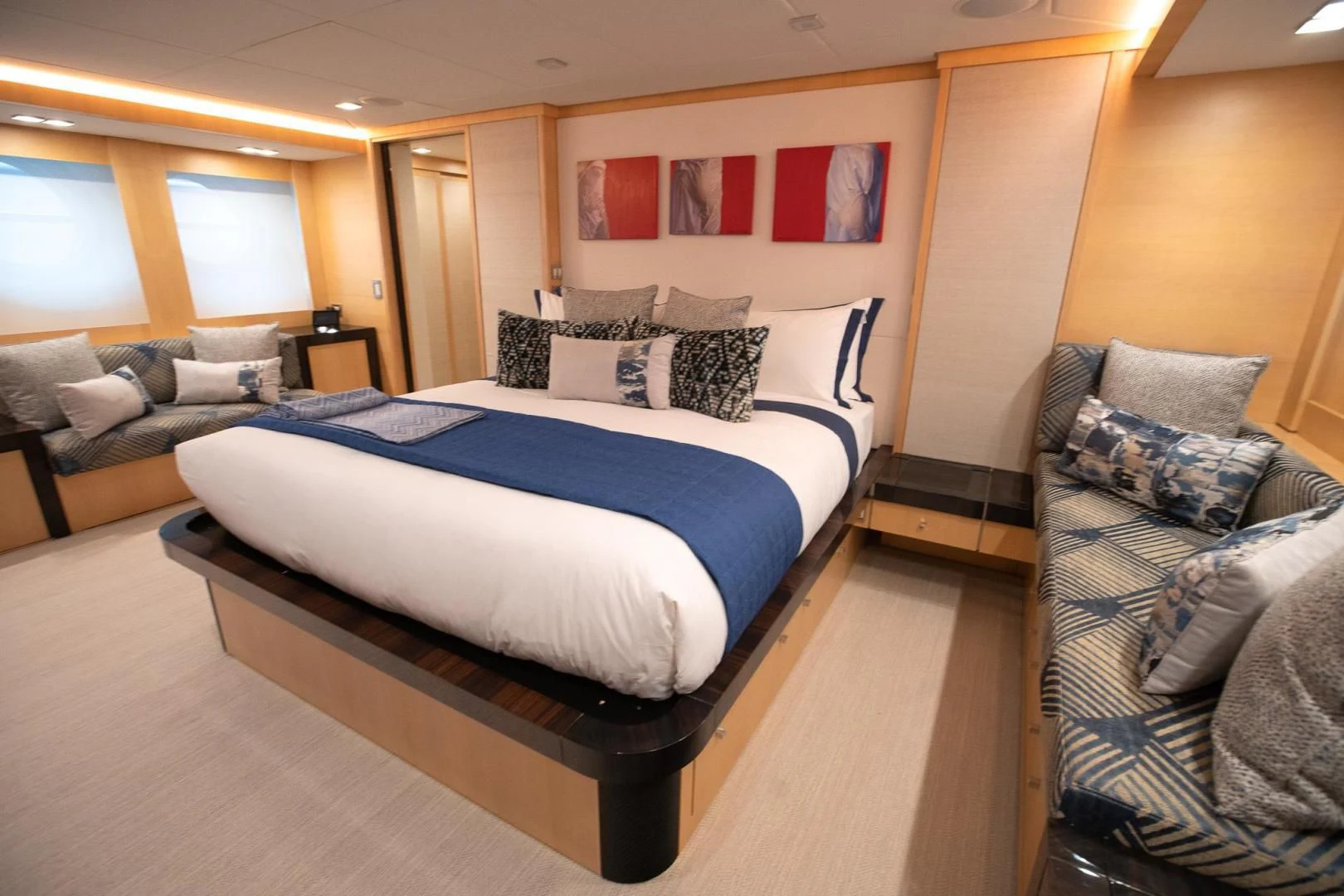 a bed in a room aboard KJOS Yacht for Charter