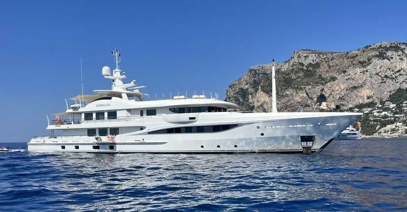 a white yacht in the water aboard KAMALAYA Yacht for Sale
