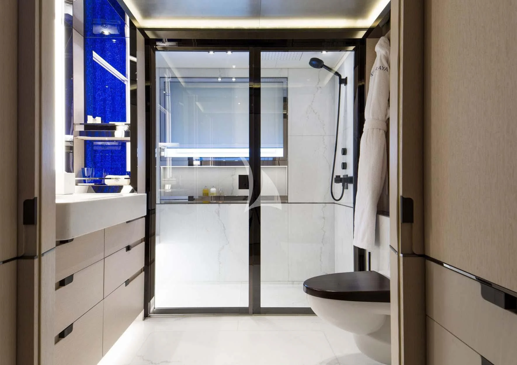 a bathroom with a shower aboard KAMALAYA Yacht for Sale