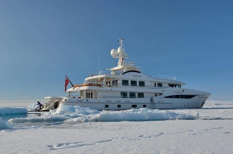 a large white boat in the snow aboard KAMALAYA Yacht for Sale