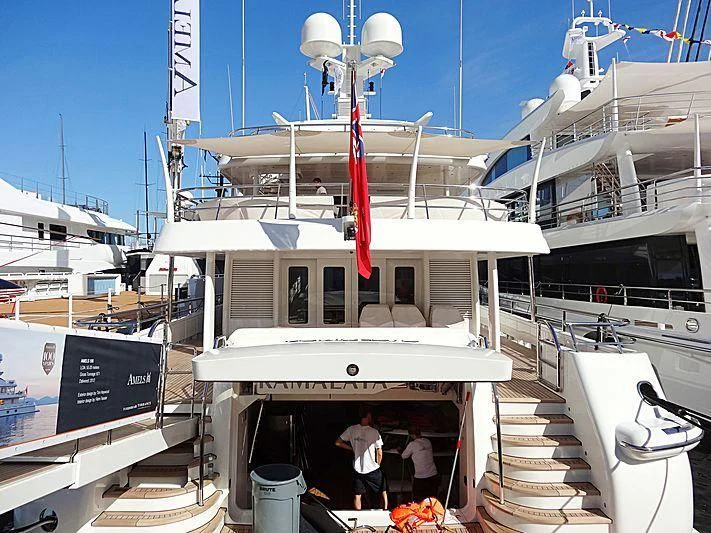 a boat with a flag on the front aboard KAMALAYA Yacht for Sale