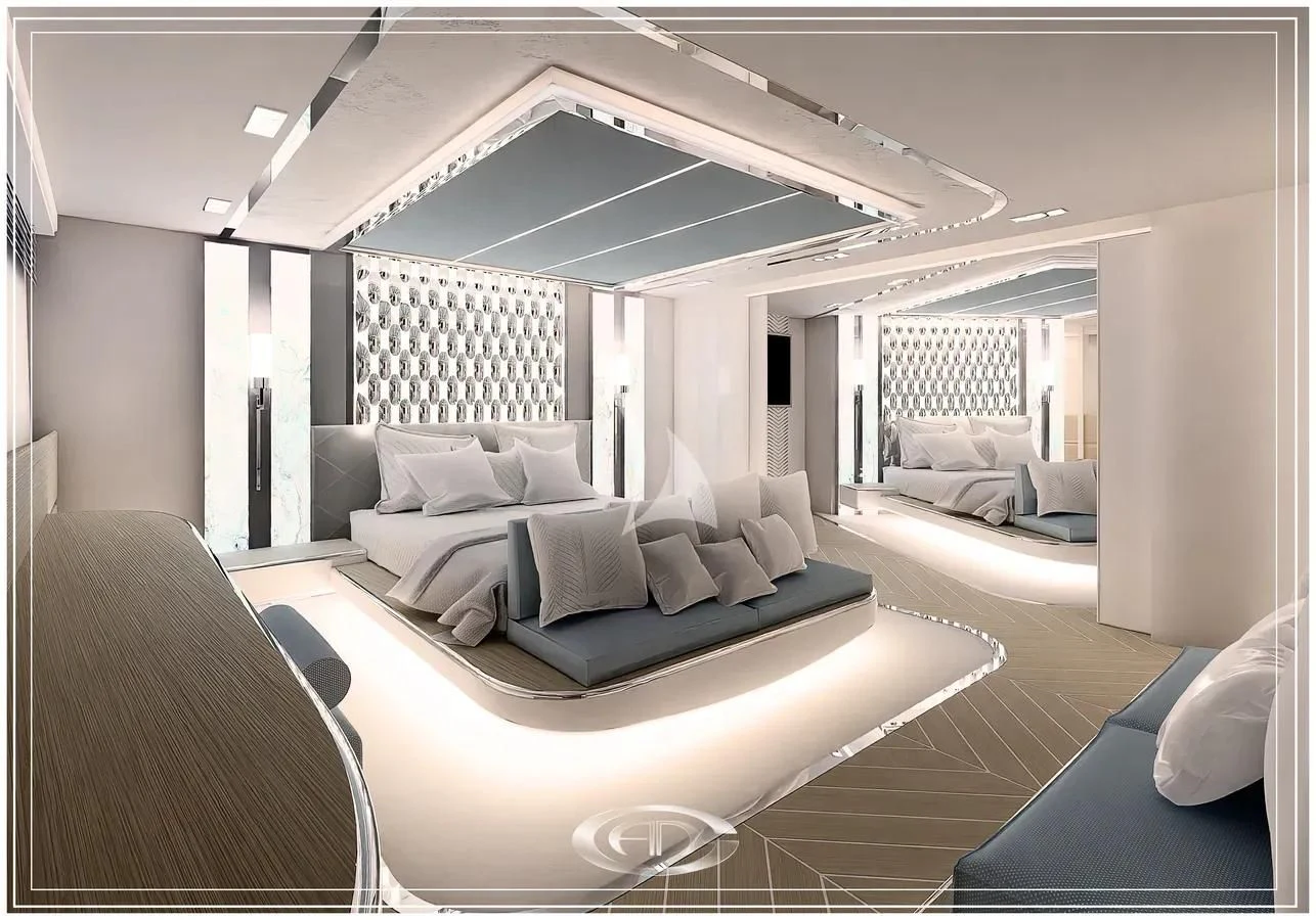 a room with a bed and a desk aboard RENATA Yacht for Sale