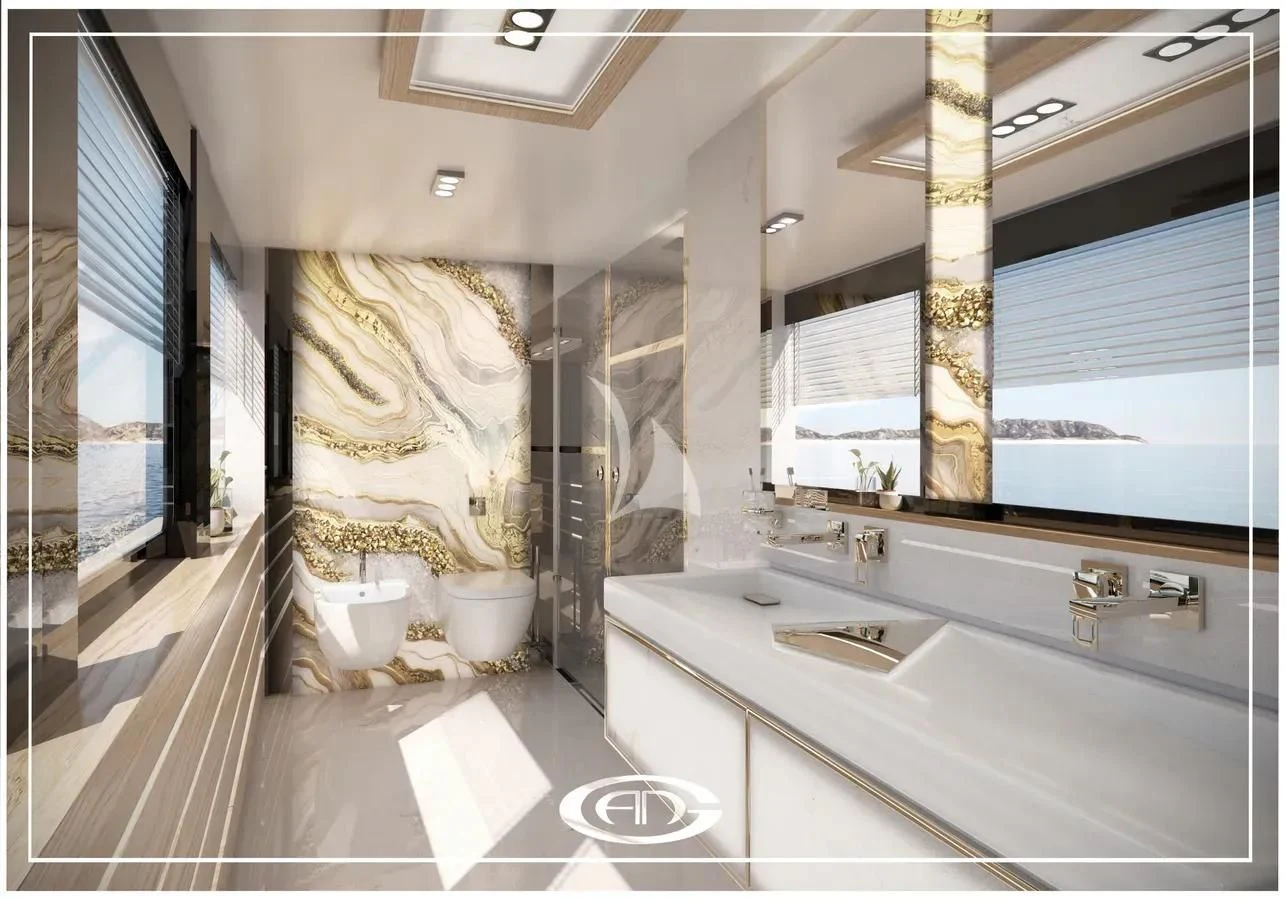a bathroom with a large mirror aboard RENATA Yacht for Sale