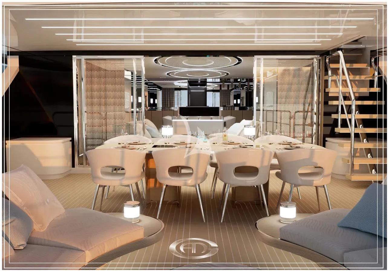a room with chairs and tables aboard RENATA Yacht for Sale