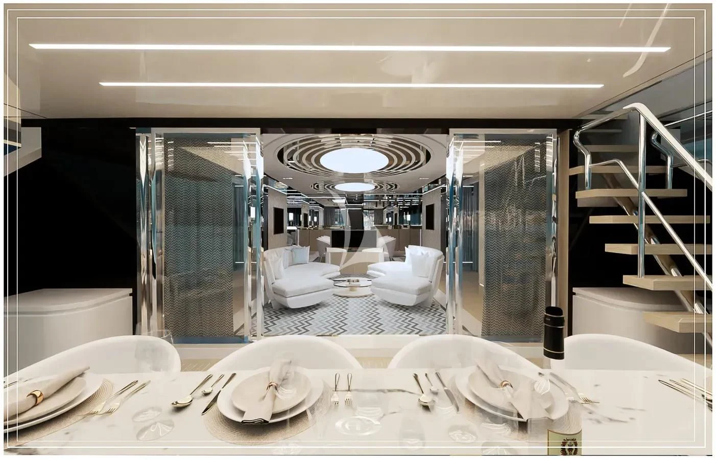 a table with plates and silverware aboard RENATA Yacht for Sale