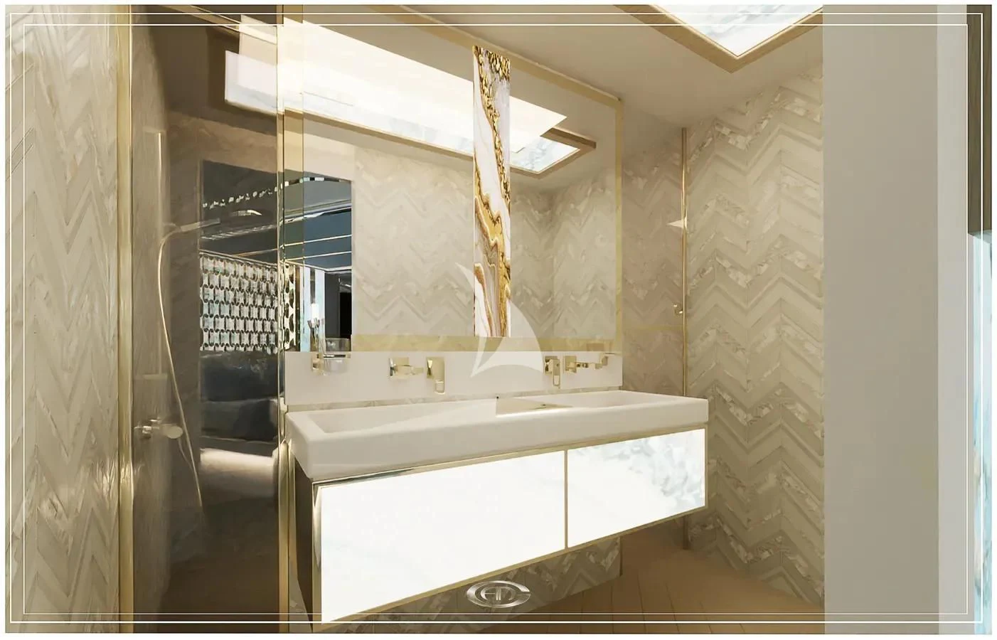 a bathroom with a sink and a mirror aboard RENATA Yacht for Sale
