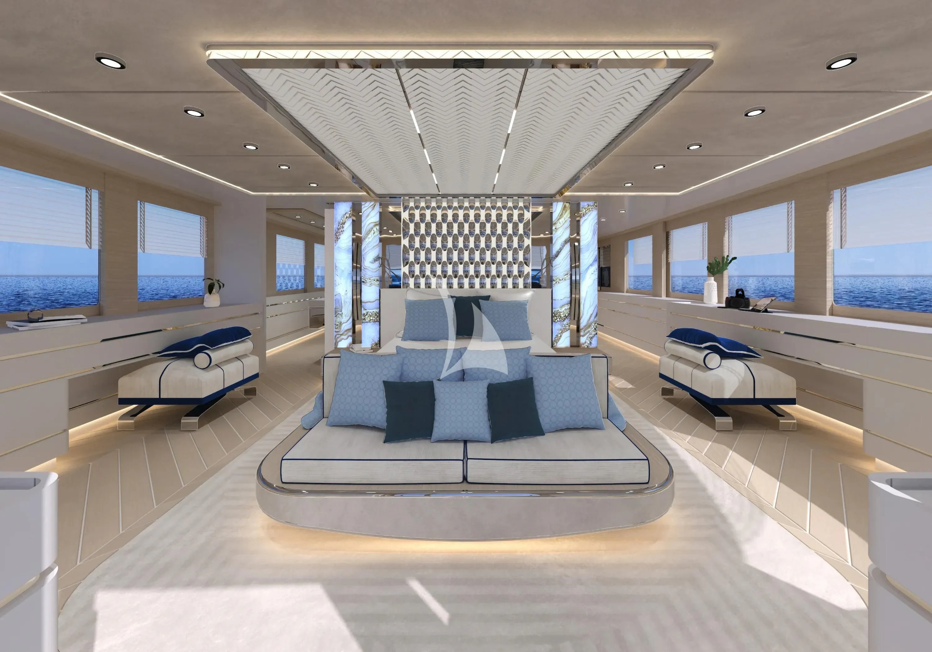 a large room with a large blue rug and a large window aboard RENATA Yacht for Sale