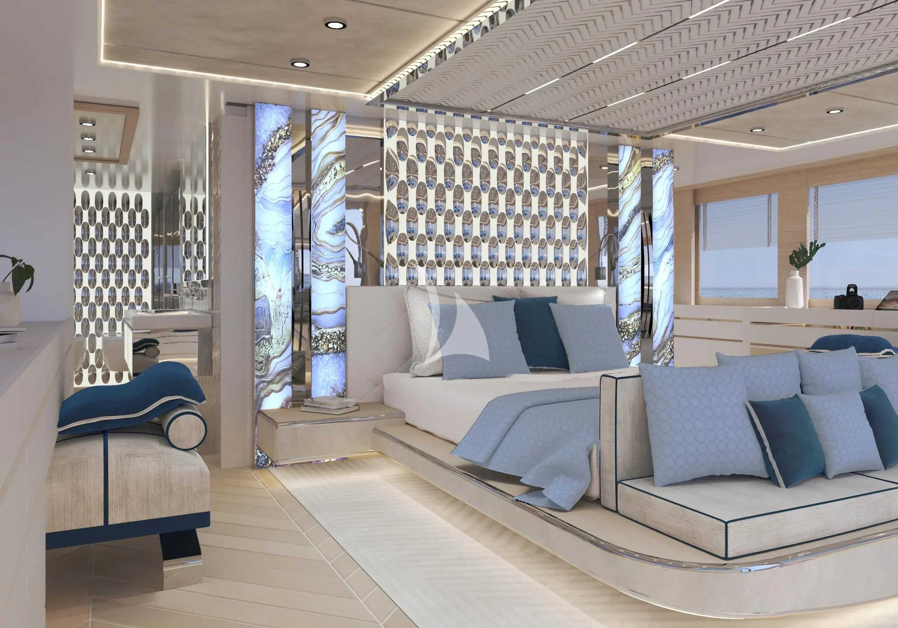 a room with a bed and a couch aboard RENATA Yacht for Sale