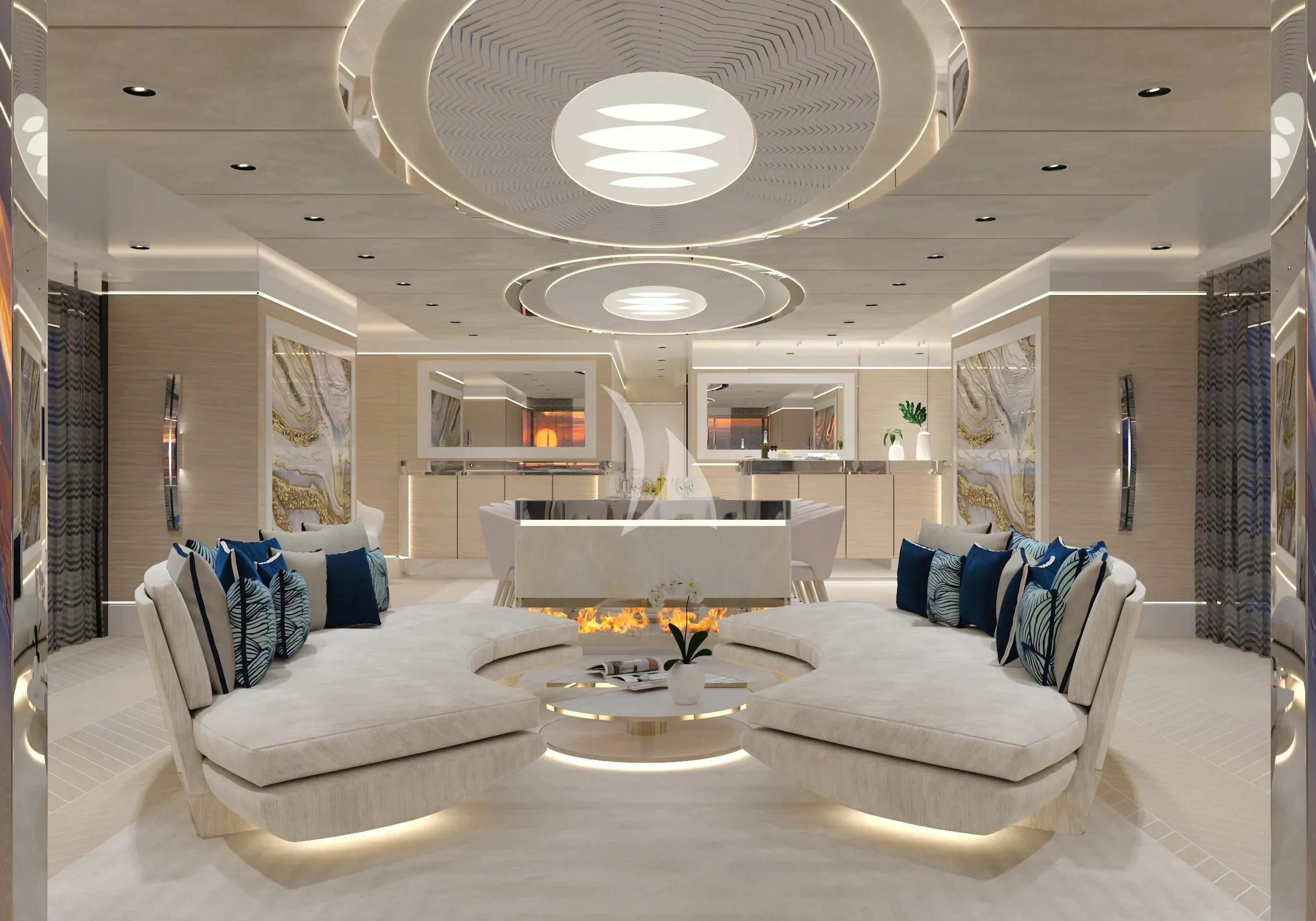 a large living room with a large white couch and a round table aboard RENATA Yacht for Sale