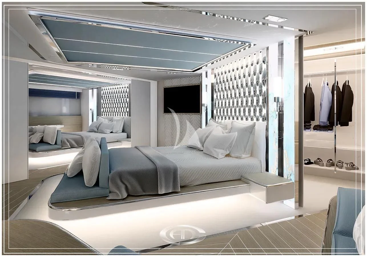 a room with a bed and a mirror aboard RENATA Yacht for Sale