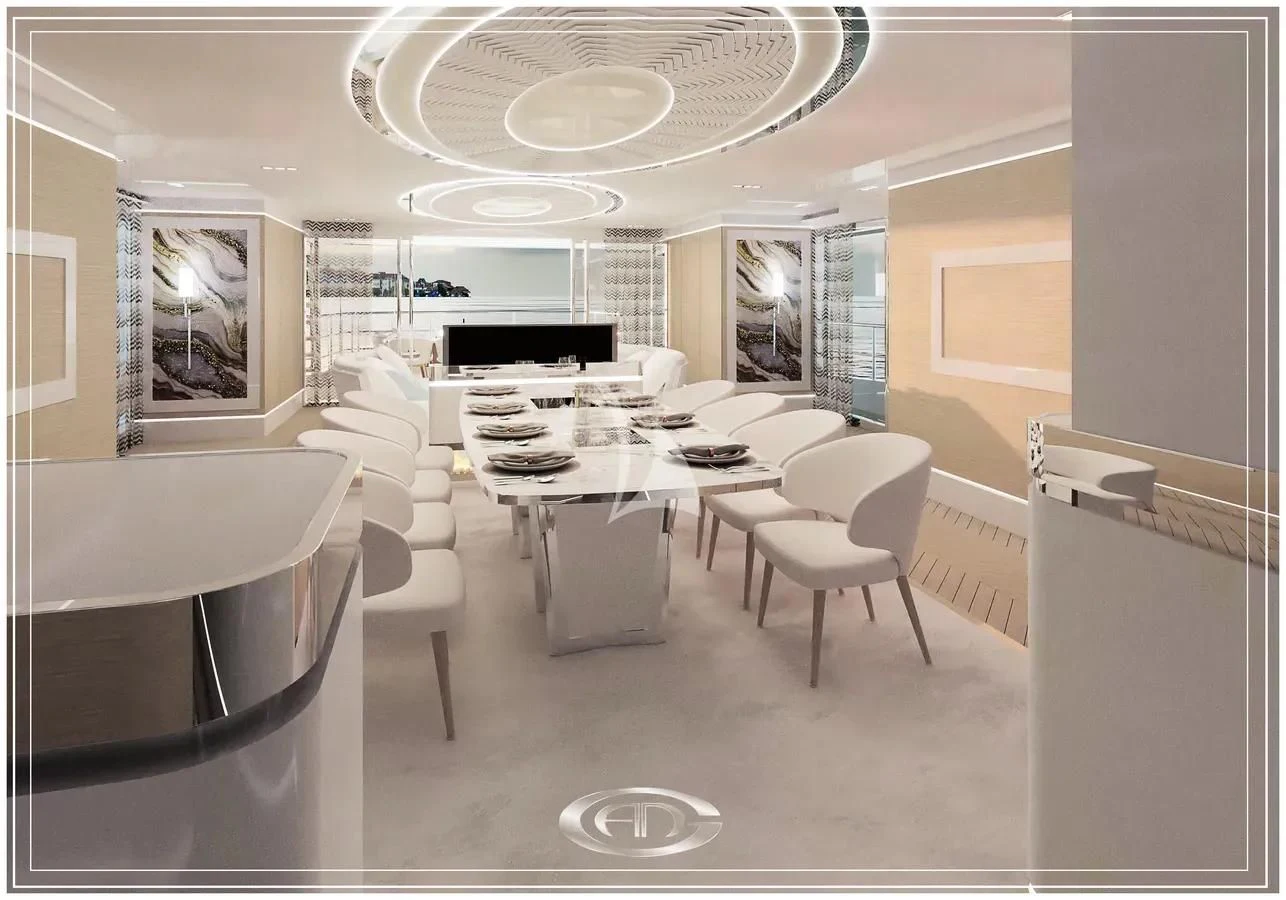 a room with tables and chairs aboard RENATA Yacht for Sale