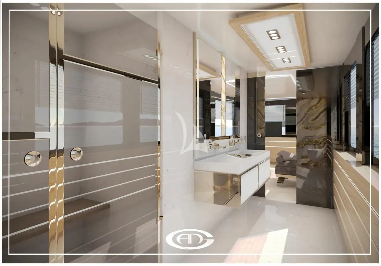 a large bathroom with glass walls aboard RENATA Yacht for Sale