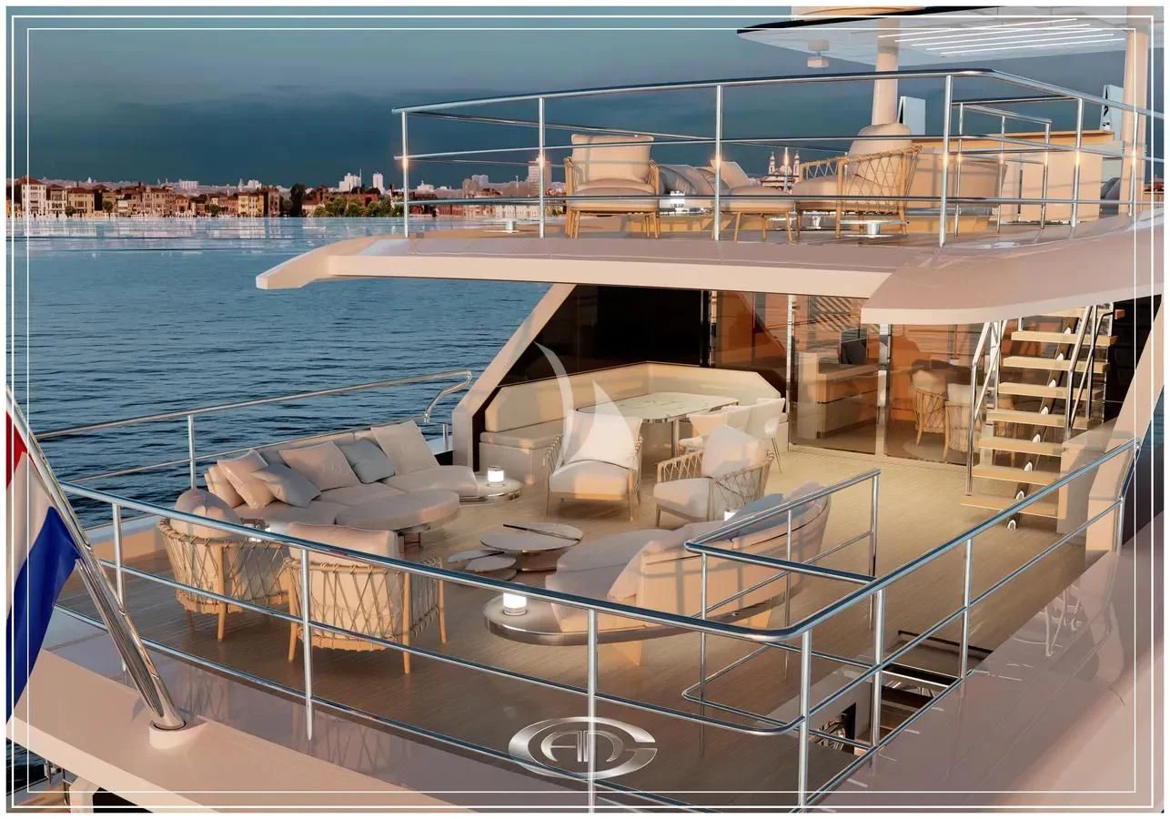 a cruise ship with a large deck aboard RENATA Yacht for Sale