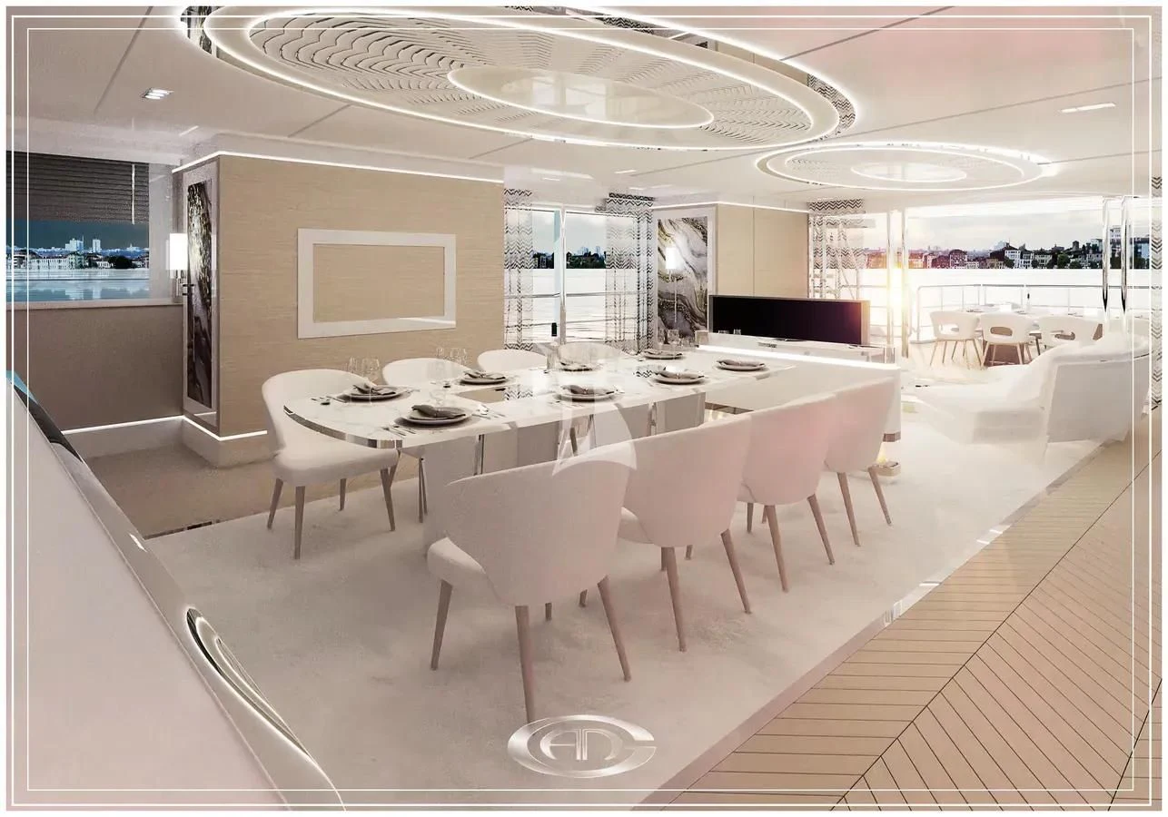 a room with tables and chairs aboard RENATA Yacht for Sale