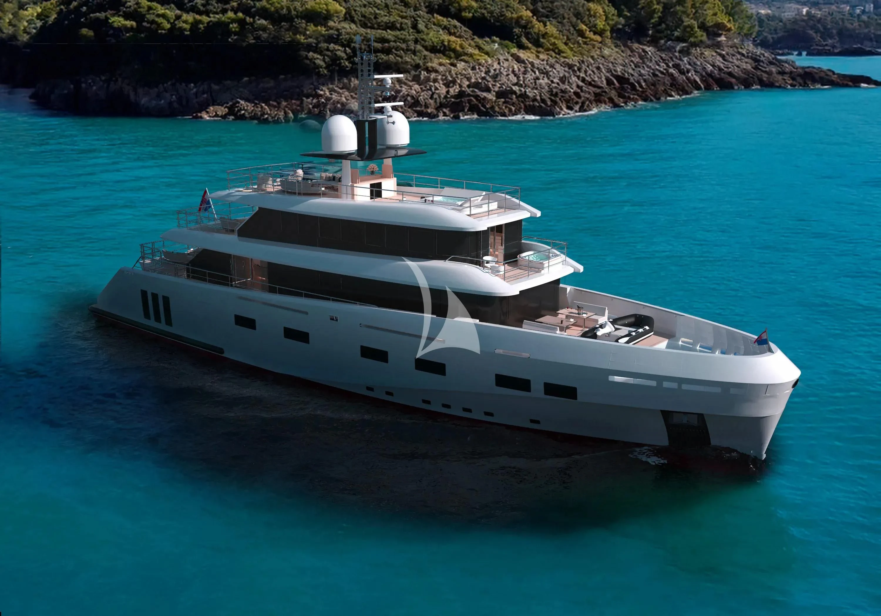 a white yacht in the water aboard RENATA Yacht for Sale