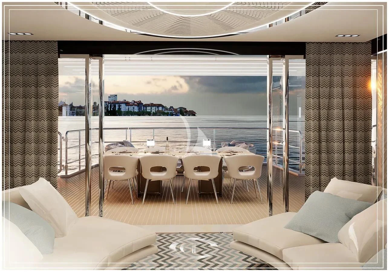 a room with a table and chairs aboard RENATA Yacht for Sale