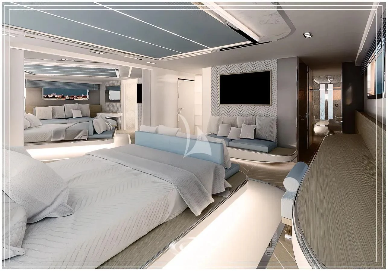 a room with a bed and a television aboard RENATA Yacht for Sale