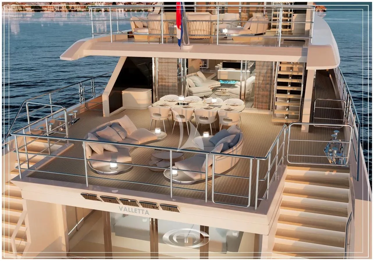 a boat with tables and chairs aboard RENATA Yacht for Sale