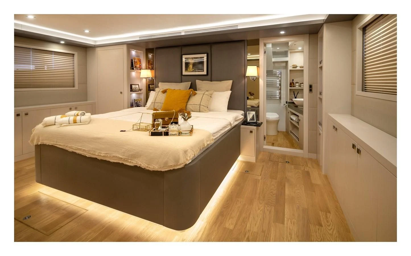 a large bedroom with a large bed aboard BERING 70 RA Yacht for Sale