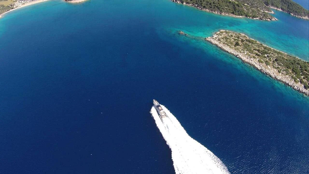 an aerial view of a beach aboard SOLARIS Yacht for Sale